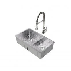 NewAge Products Shop Kitchen Sets 30.35 In. Undermount Double Bowl Stainless Steel Sink With Coiled Pull Down Faucet