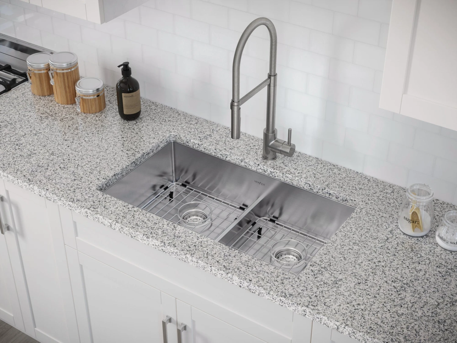 NewAge Products 30.35 In. Undermount Double Bowl Stainless Steel Sink With Flex Pull Down Faucet 3 NewAge Products 30.35 In. Undermount Double Bowl Stainless Steel Sink With Flex Pull Down Faucet