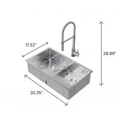 NewAge Products 30.35 In. Undermount Double Bowl Stainless Steel Sink With Flex Pull Down Faucet