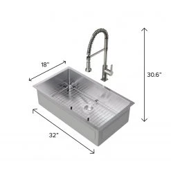 NewAge Products 32 In. Undermount Single Bowl Stainless Steel Sink With Coiled Pull Down Faucet